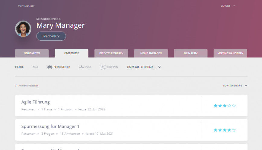 Screenshot Mary Manager Profil Ergebnis Tab